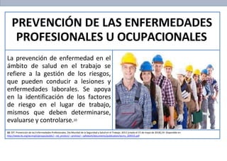 PREVENCIÓN DE LAS ENFERMEDADES
PROFESIONALES U OCUPACIONALES
La prevención de enfermedad en el
ámbito de salud en el trabajo se
refiere a la gestión de los riesgos,
que pueden conducir a lesiones y
enfermedades laborales. Se apoya
en la identificación de los factores
de riesgo en el lugar de trabajo,
mismos que deben determinarse,
evaluarse y controlarse.10
10. OIT. Prevención de las Enfermedades Profesionales, Día Mundial de la Seguridad y Salud en el Trabajo. 2013 [citado el 15 de mayo de 2018];19. Disponible en:
http://www.ilo.org/wcmsp5/groups/public/---ed_protect/---protrav/---safework/documents/publication/wcms_209555.pdf
 