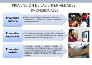• Evita la adquisición de la enfermedad (vacunación,
eliminación y control de riesgos ambientales,
educación sanitaria)
Prevención
primaria
• Va encaminada a detectar la enfermedad en estados
precoces en los que el establecimiento de medidas
adecuadas puede impedir su progresión.
Prevención
secundaria
• Comprende aquellas medidas dirigidas al
tratamiento y a la rehabilitación de una enfermedad
para ralentizar su progresión y, con ello la aparición o
el agravamiento de complicaciones e invalidez e
intentando mejorar la calidad de vida de los
pacientes.
Prevención
terciaria
PREVENCIÓN DE LAS ENFERMEDADES
PROFESIONALES
 
