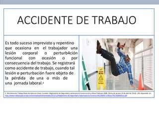 ACCIDENTE DE TRABAJO
Es todo suceso imprevisto y repentino
que ocasiona en el trabajador una
lesión corporal o perturb4ción
funcional con ocasión o por
consecuencia del trabajo. Se registrará
como accidente de trabajo, cuando tal
lesión o perturbación fuere objeto de
la pérdida de una o más de
una jornada laboral.4
4. Ministeriode Trabajo [base de datos en línea]. Ecuador:Reglamento de Seguridad y salud para la Construccióny Obras Públicas;2008. [fecha de acceso 10 de abrilde 2018]. URL disponible en:
http://www.trabajo.gob.ec/wp-content/uploads/downloads/2012/12/Reglamento-de-Seguridad-y-Salud-para-la-Construcci%C3%B3n-y-Obras-P%C3%BAblicas.pdf
 