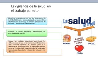 Lavigilancia de la salud en
el trabajo permite:
Identificar los problemas: en sus dos dimensiones, la
individual (detección precoz, trabajadores susceptibles,
adaptación de la tarea) y la colectiva (diagnóstico de
situación y detección de nuevos riesgos)
Planificar la acción preventiva: estableciendo las
prioridades de actuación.
Evaluar las medidas preventivas: controlando las
disfunciones o lo que es lo mismo sirviendo de alerta
ante cualquier aparición de lesiones pese a la
existencia de unas condiciones de trabajo en principio
correctas y evaluando la eficacia del plan de prevención
favoreciendo el uso de los métodos de actuación más
eficaces.
 