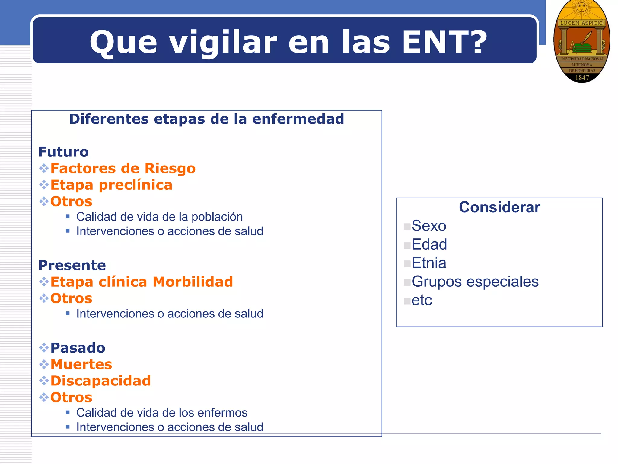 LOGO
Que vigilar en las ENT?
Diferentes etapas de la enfermedad
Futuro
Factores de Riesgo
Etapa preclínica
Otros
 Calidad de vida de la población
 Intervenciones o acciones de salud
Presente
Etapa clínica Morbilidad
Otros
 Intervenciones o acciones de salud
Pasado
Muertes
Discapacidad
Otros
 Calidad de vida de los enfermos
 Intervenciones o acciones de salud
Considerar
Sexo
Edad
Etnia
Grupos especiales
etc
 