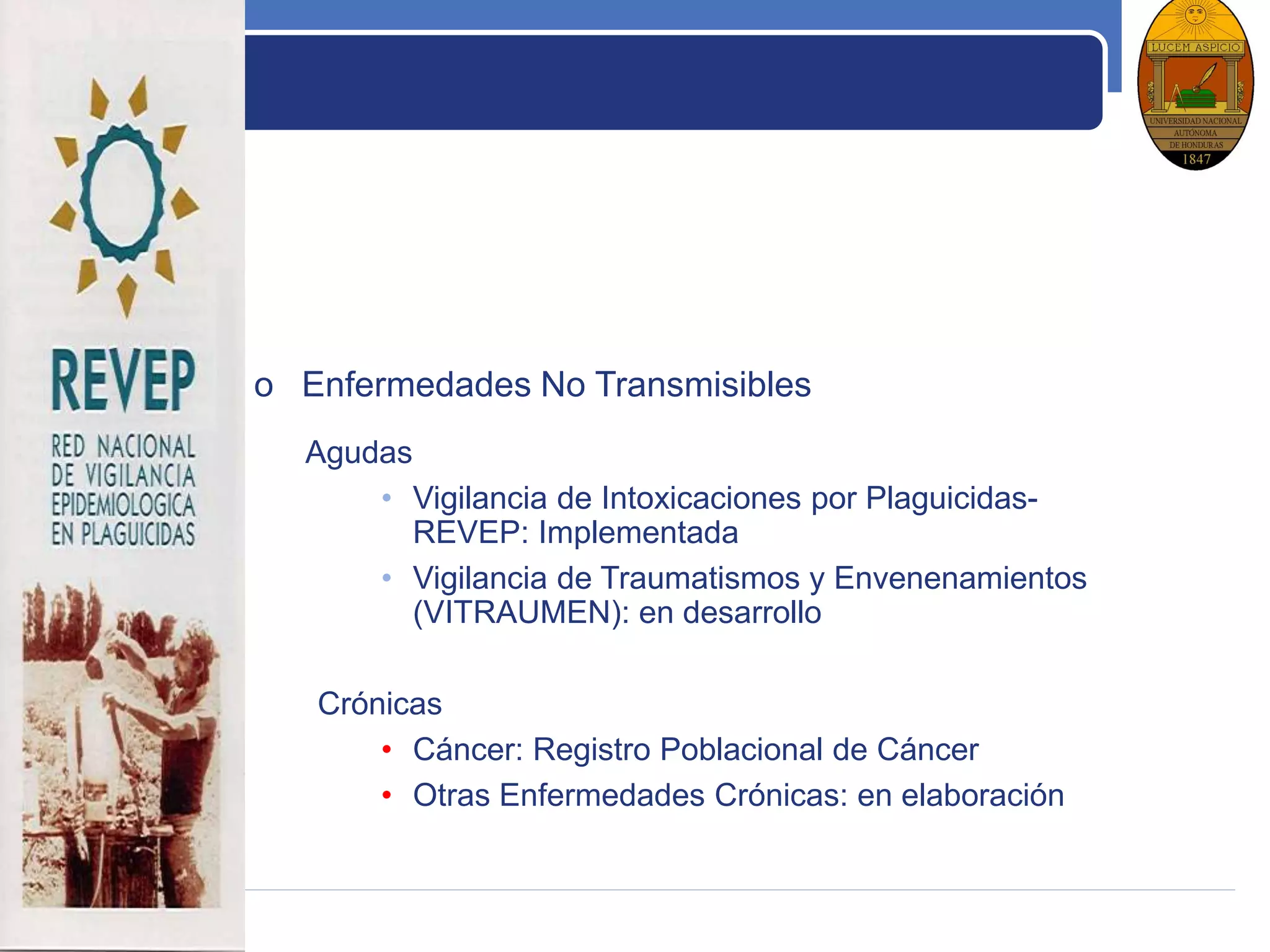 LOGO
ENT Agudas y Crónicas
o Enfermedades No Transmisibles
Agudas
• Vigilancia de Intoxicaciones por Plaguicidas-
REVEP: Implementada
• Vigilancia de Traumatismos y Envenenamientos
(VITRAUMEN): en desarrollo
Crónicas
• Cáncer: Registro Poblacional de Cáncer
• Otras Enfermedades Crónicas: en elaboración
 