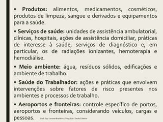 • Produtos: alimentos, medicamentos, cosméticos,
produtos de limpeza, sangue e derivados e equipamentos
para a saúde.
• Serviços de saúde: unidades de assistência ambulatorial,
clínicas, hospitais, ações de assistência domiciliar, práticas
de interesse à saúde, serviços de diagnóstico e, em
particular, os de radiações ionizantes, hemoterapia e
hemodiálise.
• Meio ambiente: água, resíduos sólidos, edificações e
ambiente de trabalho.
• Saúde do Trabalhador: ações e práticas que envolvem
intervenções sobre fatores de risco presentes nos
ambientes e processos de trabalho.
• Aeroportos e fronteiras: controle específico de portos,
aeroportos e fronteiras, considerando veículos, cargas e
pessoas. Prof. Esp. Lorrane Brasileiro / Prog. Estr. Saude Coletiva
 