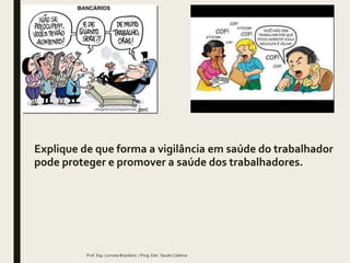Explique de que forma a vigilância em saúde do trabalhador
pode proteger e promover a saúde dos trabalhadores.
Prof. Esp. Lorrane Brasileiro / Prog. Estr. Saude Coletiva
 