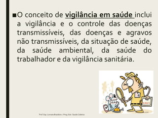 ■O conceito de vigilância em saúde inclui
a vigilância e o controle das doenças
transmissíveis, das doenças e agravos
não transmissíveis, da situação de saúde,
da saúde ambiental, da saúde do
trabalhador e da vigilância sanitária.
Prof. Esp. Lorrane Brasileiro / Prog. Estr. Saude Coletiva
 
