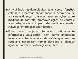 ■ A vigilância epidemiológica tem como funções
coletar e processar dados sobre a ocorrência de
agravos e doenças, oferecer recomendações sobre
medidas de controle, promover ações de controle
apontadas, avaliar o impacto das medidas adotadas
e divulgar informações pertinentes.
■ Possui como objetivo fornecer continuamente
informações atualizadas, bem como orientação
técnica aos trabalhadores de saúde que em seu
cotidiano necessitam tomar decisões e planejar
ações no combate de doenças e agravos.
Prof. Esp. Lorrane Brasileiro / Prog. Estr. Saude Coletiva
 