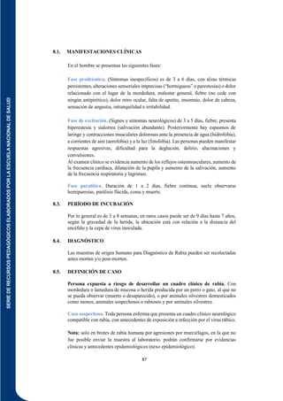 SERIE
DE
RECURSOS
PEDAGÓGICOS
ELABORADOS
POR
LA
ESCUELA
NACIONAL
DE
SALUD
87
8.1. MANIFESTACIONES CLÍNICAS
En el hombre se presentan las siguientes fases:
Fase prodrómica. (Síntomas inespecíficos) es de 3 a 6 días, con alzas térmicas
persistentes, alteraciones sensoriales imprecisas (“hormigueos” o parestesias) o dolor
relacionado con el lugar de la mordedura, malestar general, fiebre (no cede con
ningún antipirético), dolor retro ocular, falta de apetito, insomnio, dolor de cabeza,
sensación de angustia, intranquilidad e irritabilidad.
Fase de excitación. (Signos y síntomas neurológicos) de 3 a 5 días, fiebre, presenta
hiperestesia y sialorrea (salivación abundante). Posteriormente hay espasmos de
laringe y contracciones musculares dolorosas ante la presencia de agua (hidrofobia),
a corrientes de aire (aerofobia) y a la luz (fotofobia). Las personas pueden manifestar
respuestas agresivas, dificultad para la deglución, delirio, alucinaciones y
convulsiones.
Al examen clínico se evidencia aumento de los reflejos osteomusculares, aumento de
la frecuencia cardiaca, dilatación de la pupila y aumento de la salivación, aumento
de la frecuencia respiratoria y lagrimeo.
Fase paralítica. Duración de 1 a 2 días, fiebre continua, suele observarse
hemiparesias, parálisis flácida, coma y muerte.
8.3. PERÍODO DE INCUBACIÓN
Por lo general es de 3 a 8 semanas, en raros casos puede ser de 9 días hasta 7 años,
según la gravedad de la herida, la ubicación está con relación a la distancia del
encéfalo y la cepa de virus inoculada.
8.4. DIAGNÓSTICO
Las muestras de origen humano para Diagnóstico de Rabia pueden ser recolectadas
antes morten y/o post-morten.
8.5. DEFINICIÓN DE CASO
Persona expuesta a riesgo de desarrollar un cuadro clínico de rabia. Con
mordedura o lamedura de mucosa o herida producida por un perro o gato, al que no
se pueda observar (muerto o desaparecido), o por animales silvestres domesticados
como monos, animales sospechosos o rabiosos y por animales silvestres.
Caso sospechoso. Toda persona enferma que presenta un cuadro clínico neurológico
compatible con rabia, con antecedentes de exposición a infección por el virus rábico.
Nota: solo en brotes de rabia humana por agresiones por murciélagos, en la que no
fue posible enviar la muestra al laboratorio, podrán confirmarse por evidencias
clínicas y antecedentes epidemiológicos (nexo epidemiológico).
 