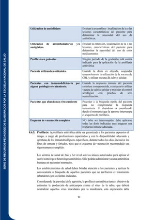 SERIE
DE
RECURSOS
PEDAGÓGICOS
ELABORADOS
POR
LA
ESCUELA
NACIONAL
DE
SALUD
91
Utilización de antibióticos Evaluar la extensión y localización de la o las
lesiones características del paciente para
determinar la necesidad del uso de
antibióticos.
Utilización de antiinflamatorios y/o
analgésicos.
Evaluar la extensión, localización de la o las
lesiones, características del paciente para
determinar la necesidad del uso de estos
medicamentos
Profilaxis en gestantes Ningún periodo de la gestación está contra
indicado para la aplicación de la profilaxis
antirrábica
Paciente utilizando corticoides. Cuando la dosis es elevada, suspender
temporalmente la utilización de la vacuna de
CRL y utilizar vacuna de cultivo celular.
Pacientes con inmunodeficiencia por
alguna patología o tratamiento.
Cuando la respuesta inmune del paciente
estuviera comprometida, es necesario utilizar
vacuna de cultivo celular yproceder al control
serológico con pruebas de sero
neutralización.
Pacientes que abandonan el tratamiento Proceder a la búsqueda rápida del paciente
para no comprometer la respuesta
inmunitaria. El abandono es considerado
desde el momento que la persona interrumpe
el esquema de profilaxis.
Esquema de vacunación completo NO debe ser interrumpido, debe aplicarse
todas las dosis indicadas para asegurar una
respuesta inmune adecuada.
8.6.5. Profilaxis: la profilaxis antirrábica debe ser garantizada a los pacientes expuestos al
riesgo, a cargo de profesionales capacitados y con la disponibilidad adecuada y
oportuna de los inmunobiológicos específicos, durante todos los días, inclusive los
fines de semana y feriados, para que el esquema de vacunación recomendado sea
rigurosamente cumplido.
Los centros de salud de 2do y 3er nivel son los únicos autorizados para aplicar el
suero homólogo o heterólogo antirrábico. Sólo podrán administrar vacuna antirrábica
humana en pacientes internados.
Los establecimientos de salud deben brindar atención a los pacientes y realizar la
convocatoria o búsqueda de aquellos pacientes que no recibieron el tratamiento
(abandonos) en las fechas indicadas.
Considerando la gravedad de la agresión, la profilaxis antirrábica tiene el objetivo de
estimular la producción de anticuerpos contra el virus de la rabia, que deberá
neutralizar aquellos virus inoculados por la mordedura, esta explicación debe
 