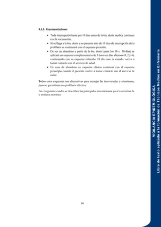 VIGILANCIA
EPIDEMIOLÓGICA
Libro
de
texto
aplicado
a
la
formación
de
Técnicos
Medios
en
Enfermería
94
8.6.9. Recomendaciones
 Toda interrupción hasta por 10 días antes de la 6ta. dosis implica continuar
con la vacunación.
 Si se llega a la 6ta. dosis y no pasaron más de 10 días de interrupción de la
profilaxis se continuará con el esquema prescrito.
 De ser un abandono a partir de la 6ta. dosis (entre los 10 y 30 días) se
aplicará un esquema complementario de 3 dosis en días alternos (0, 2 y 4),
continuando con su esquema reducido. El día cero es cuando vuelve a
tomar contacto con el servicio de salud.
 En caso de abandono en esquema clásico continuar con el esquema
prescripto cuando el paciente vuelve a tomar contacto con el servicio de
salud.
Todos estos esquemas son alternativas para manejar las inasistencias y abandonos,
pero no garantizan una profilaxis efectiva.
En el siguiente cuadro se describen las principales orientaciones para la atención de
la profilaxis antirrábica:
 
