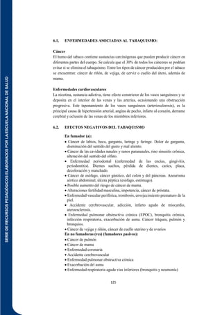 SERIE
DE
RECURSOS
PEDAGÓGICOS
ELABORADOS
POR
LA
ESCUELA
NACIONAL
DE
SALUD
125
6.1. ENFERMEDADES ASOCIADAS AL TABAQUISMO:
Cáncer
El humo del tabaco contiene sustancias carcinógenas que pueden producir cáncer en
diferentes partes del cuerpo. Se calcula que el 30% de todos los cánceres se podrían
evitar si se elimina el tabaquismo. Entre los tipos de cáncer producidos por el tabaco
se encuentran: cáncer de riñón, de vejiga, de cerviz o cuello del útero, además de
mama.
Enfermedades cardiovasculares
La nicotina, sustancia adictiva, tiene efecto constrictor de los vasos sanguíneos y se
deposita en el interior de las venas y las arterias, ocasionando una obstrucción
progresiva. Este taponamiento de los vasos sanguíneos (arteriosclerosis), es la
principal causa de hipertensión arterial, angina de pecho, infarto al corazón, derrame
cerebral y oclusión de las venas de los miembros inferiores.
6.2. EFECTOS NEGATIVOS DEL TABAQUISMO
En fumador (a):
 Cáncer de labios, boca, garganta, laringe y faringe. Dolor de garganta,
disminución del sentido del gusto y mal aliento.
 Cáncer de las cavidades nasales y senos paranasales, rino sinusitis crónica,
alteración del sentido del olfato.
 Enfermedad periodontal (enfermedad de las encías, gingivitis,
periodontitis). Dientes sueltos, pérdida de dientes, caries, placa,
decoloración y manchado.
 Cáncer de esófago, cáncer gástrico, del colon y del páncreas. Aneurisma
aórtico abdominal, úlcera péptica (esófago, estómago).
 Posible aumento del riesgo de cáncer de mama.
 Alteraciones fertilidad masculina, impotencia, cáncer de próstata.
 Enfermedad vascular periférica, trombosis, envejecimiento prematuro de la
piel.
 Accidente cerebrovascular, adicción, infarto agudo de miocardio,
ateroesclerosis.
 Enfermedad pulmonar obstructiva crónica (EPOC), bronquitis crónica,
infección respiratoria, exacerbación de asma. Cáncer tráquea, pulmón y
bronquios.
 Cáncer de vejiga y riñón, cáncer de cuello uterino y de ovarios
En no fumadoras (res) (fumadores pasivos):
 Cáncer de pulmón
 Cáncer de mama
 Enfermedad coronaria
 Accidente cerebrovascular
 Enfermedad pulmonar obstructiva crónica
 Exacerbación del asma
 Enfermedad respiratoria aguda vías inferiores (bronquitis y neumonía)
 