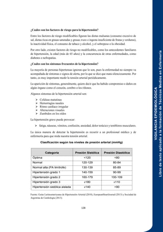 VIGILANCIA
EPIDEMIOLÓGICA
Libro
de
texto
aplicado
a
la
formación
de
Técnicos
Medios
en
Enfermería
128
¿Cuáles son los factores de riesgo para la hipertensión?
Entre los factores de riesgo modificables figuran las dietas malsanas (consumo excesivo de
sal, dietas ricas en grasas saturadas y grasas trans e ingesta insuficiente de frutas y verduras),
la inactividad física, el consumo de tabaco y alcohol, y el sobrepeso o la obesidad.
Por otro lado, existen factores de riesgo no modificables, como los antecedentes familiares
de hipertensión, la edad (más de 65 años) y la concurrencia de otras enfermedades, como
diabetes o nefropatías.
¿Cuáles son los síntomas frecuentes de la hipertensión?
La mayoría de personas hipertensas ignoran que lo son, pues la enfermedad no siempre va
acompañada de síntomas o signos de alerta, por lo que se dice que mata silenciosamente. Por
tanto, es muy importante medir la tensión arterial periódicamente.
La aparición de síntomas, generalmente, quiere decir que ha habido compromiso o daños en
algún órgano como el corazón, cerebro o los riñones.
Algunos síntomas de la hipertensión arterial son:
 Cefaleas matutinas
 Hemorragias nasales
 Ritmo cardíaco irregular
 Alteraciones visuales
 Zumbidos en los oídos
La hipertensión grave puede provocar:
 fatiga, náuseas, vómitos, confusión, ansiedad, dolor torácico y temblores musculares.
La única manera de detectar la hipertensión es recurrir a un profesional médico y de
enfermería para que mida nuestra tensión arterial.
Fuente: Guías Latinoamericanas de Hipertensión Arterial (2010), EuropeanHeartJournal (2013) y Sociedad de
Argentina de Cardiología (2013).
 