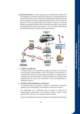 VIGILANCIA
EPIDEMIOLÓGICA
Libro
de
texto
aplicado
a
la
formación
de
Técnicos
Medios
en
Enfermería
156
3. Flujo de información: la norma específica que los establecimientos deben enviar
su consolidado a su red hasta el quinto día de cada mes, y los hospitales generales
y especializados deben enviar su información al SEDES hasta el décimo día de cada
mes; sin embargo, de acuerdo a la Resolución Ministerial No. 1707 de fecha 5 de
diciembre de 2014 los establecimientos que utilizan el Software de Atención
Primaria en Salud SOAPS deben subir la información generada en el mes anterior
al Consolidado Web a través de los archivos “.wak”, en el plazo establecido por
dicha Resolución hasta el 5 de cada mes de manera oportuna.
4. CARPETA FAMILIAR:
La carpeta familiar es un instrumento del modelo de atención de la SAFCI que
tiene dos etapas, la primera donde se visita a las familias en sus domicilios y se
recoge diferentes datos que son transcriptos en la carpeta, y la segunda donde se
consolida en un sistema informático. La información debe ser consolidada como
establecimientos de salud, como coordinación de red, como departamento y
finalmente como país.
5. NOTIFICACIÓN INMEDIATA Y SEMANAL
La notificación debe ser inmediata o semanal, en dependencia del potencial
epidémico de las enfermedades y las condiciones de control que requieran.
Son responsables de la notificación, todo el personal de salud de los
establecimientos pertenecientes a los subsectores: público, seguros sociales,
iglesias, ONGs y privados, en los distintos niveles de atención.
El proceso de notificación forma parte importante de la vigilancia epidemiológica.
 