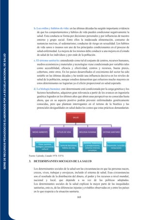 SERIE
DE
RECURSOS
PEDAGÓGICOS
ELABORADOS
POR
LA
ESCUELA
NACIONAL
DE
SALUD
163
b. Los estilos y hábitos de vida: en las últimas décadas ha surgido importante evidencia
de que los comportamientos y hábitos de vida pueden condicionar negativamente la
salud. Esta conducta se forma por decisiones personales y por influencias de nuestro
entorno y grupo social. Entre ellos la inadecuada alimentación, consumo de
sustancias nocivas, el sedentarismo, conductas de riesgo en sexualidad. Los hábitos
de vida sanos o insanos son uno de los principales condicionantes en el proceso de
salud-enfermedad. La mejora de los mismos debe conducir a una mejora en el estado
de salud de los individuos y por ende de la población.
c. El sistema sanitario: entendiendo como tal al conjunto de centros, recursos humanos,
medios económicos y materiales y tecnologías viene condicionado por variables tales
como accesibilidad, eficacia y efectividad, centros y recursos, buena praxis,
cobertura, entre otros. En los países desarrollados el crecimiento del sector ha sido
notable en las últimas décadas y ha tenido una influencia decisiva en los niveles de
salud de la población, aunque estudios demuestran que esfuerzos mucho mayores en
estos determinantes no lograrían ya el efecto proporcional en salud esperado.
d. La biología humana: este determinante está condicionada por la carga genética y los
factores hereditarios, adquieren gran relevancia a partir de los avances en ingeniería
genética logrados en los últimos años que abren unas perspectivas no conocidas hasta
ahora, que en su aspecto positivo podrán prevenir enfermedades genéticamente
conocidas, pero que plantean interrogantes en el terreno de la bioética y las
potenciales desigualdades en salud dados los costos que estas prácticas demandarían.
Fuente: Lalonde, Canadá 1974. O.P.S.
3. DETERMINANTES SOCIALES DE LA SALUD
Los determinantes sociales de la salud son las circunstancias en que las personas nacen,
crecen, viven, trabajan y envejecen, incluido el sistema de salud. Esas circunstancias
son el resultado de la distribución del dinero, el poder y los recursos a nivel mundial,
nacional y local, que depende a su vez de las políticas adoptadas.
Los determinantes sociales de la salud explican la mayor parte de las inequidades
sanitarias, esto es, de las diferencias injustas y evitables observadas en y entre los países
en lo que respecta a la situación sanitaria.
SALUD
MEDIO AMBIENTE
Físico, químico,
biológico, psicosocial,
cultural
ESTILOS DE VIDA
toma de decisiones,
hábitos de vida.
BIOLOGIA HUMANA
Herencia, maduración
y envejecimiento,
sistemas internos
complejos.
SISTEMA SANITARIO
Prevención, curación y
restauración.
 