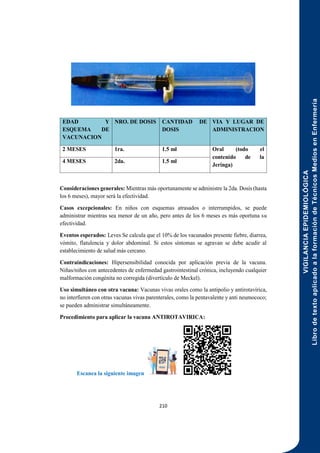VIGILANCIA
EPIDEMIOLÓGICA
Libro
de
texto
aplicado
a
la
formación
de
Técnicos
Medios
en
Enfermería
210
EDAD Y
ESQUEMA DE
VACUNACION
NRO. DE DOSIS CANTIDAD DE
DOSIS
VIA Y LUGAR DE
ADMINISTRACION
2 MESES 1ra. 1.5 ml Oral (todo el
contenido de la
Jeringa)
4 MESES 2da. 1.5 ml
Consideraciones generales: Mientras más oportunamente se administre la 2da. Dosis (hasta
los 6 meses), mayor será la efectividad.
Casos excepcionales: En niños con esquemas atrasados o interrumpidos, se puede
administrar mientras sea menor de un año, pero antes de los 6 meses es más oportuna su
efectividad.
Eventos esperados: Leves Se calcula que el 10% de los vacunados presente fiebre, diarrea,
vómito, flatulencia y dolor abdominal. Si estos síntomas se agravan se debe acudir al
establecimiento de salud más cercano.
Contraindicaciones: Hipersensibilidad conocida por aplicación previa de la vacuna.
Niñas/niños con antecedentes de enfermedad gastrointestinal crónica, incluyendo cualquier
malformación congénita no corregida (divertículo de Meckel).
Uso simultáneo con otra vacuna: Vacunas vivas orales como la antipolio y antirotavírica,
no interfieren con otras vacunas vivas parenterales, como la pentavalente y anti neumococo;
se pueden administrar simultáneamente.
Procedimiento para aplicar la vacuna ANTIROTAVIRICA:
Escanea la siguiente imagen
 