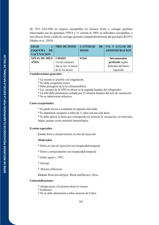 SERIE
DE
RECURSOS
PEDAGÓGICOS
ELABORADOS
POR
LA
ESCUELA
NACIONAL
DE
SALUD
221
(IC 95% 82,6-100) en mujeres susceptibles La eficacia frente a verrugas genitales
relacionadas con los genotipos VPH 6 y 11 cercana al 100% en individuos susceptibles, y
una eficacia frente a todas las verrugas genitales (independientemente del genotipo) del 83%
(Muñoz et al., 2010)
EDAD y
ESQUEMA DE
VACUNACION
NRO. DE DOSIS CANTIDAD DE
DOSIS
VIA Y LUGAR DE
ADMINISTRACION
NIÑAS DE DIEZ
AÑOS
2 DOSIS
1ra (al contacto)
2da (a los 6 meses
de la 1ra dosis)
0.5ml Intramuscular
profunda región
deltoidea del brazo
izquierdo
Consideraciones generales:
* La vacuna es sensible a la congelación.
* No debe congelarse nunca.
* Debe protegerse de la luz (fotosensibles).
* Las vacunas de la VPH en ubicar en la segunda bandeja del refrigerador.
* La niña debe permanecer sentada por 15 minutos despues del acto de vacunación.
* No se administran refuerzos.
Casos excepcionales
* Se puede iniciar o completar el esquema más tarde.
* Es importante recuperar a niñas de 11 años con una sola dosis.
* Se debe aplicar la dosis que corresponde sin reiniciar la vacunación, en intervalos
largos, porque existe memoria inmunológica.
Eventos esperados:
Leves: dolor y enrojecimiento en sitio de inyección
Moderados:
* Dolor en sitio de inyección con incapacidad temporal.
* Dolor y enrojecimiento con incapacidad temporal.
* Fiebre igual o >38ºC.
* Sincope.
* Absceso infeccioso.
Graves: Reacción alérgica, Shock anafiláctico, Otros.
Contraindicaciones:
* Alergia grave a la primera dosis la vacuna.
* Embarazo.
* No se debe administrar a niñas menores de 9 años.
 
