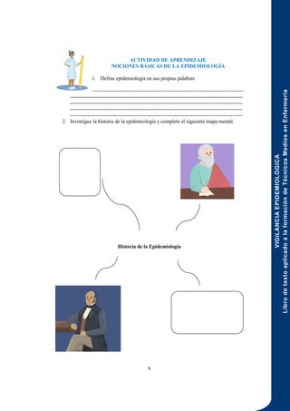 VIGILANCIA
EPIDEMIOLÓGICA
Libro
de
texto
aplicado
a
la
formación
de
Técnicos
Medios
en
Enfermería
6
ACTIVIDAD DE APRENDIZAJE
NOCIONES BÁSICAS DE LA EPIDEMIOLOGÍA
1. Defina epidemiología en sus propias palabras
----------------------------------------------------------------------------------------
----------------------------------------------------------------------------------------------------
----------------------------------------------------------------------------------------------------
----------------------------------------------------------------------------------------------------
----------------------------------------------------------------------------------------------------
2. Investigue la historia de la epidemiología y complete el siguiente mapa mental.
Historia de la Epidemiología
 