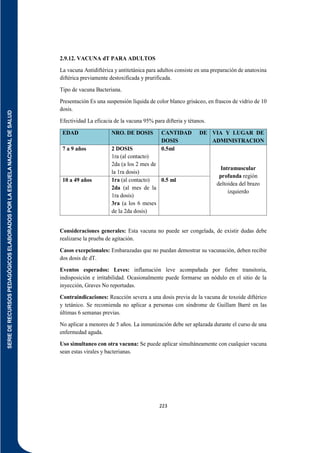SERIE
DE
RECURSOS
PEDAGÓGICOS
ELABORADOS
POR
LA
ESCUELA
NACIONAL
DE
SALUD
223
2.9.12. VACUNA dT PARA ADULTOS
La vacuna Antidiftérica y antitetánica para adultos consiste en una preparación de anatoxina
diftérica previamente destoxificada y prurificada.
Tipo de vacuna Bacteriana.
Presentación Es una suspensión líquida de color blanco grisáceo, en frascos de vidrio de 10
dosis.
Efectividad La eficacia de la vacuna 95% para difteria y tétanos.
EDAD NRO. DE DOSIS CANTIDAD DE
DOSIS
VIA Y LUGAR DE
ADMINISTRACION
7 a 9 años 2 DOSIS
1ra (al contacto)
2da (a los 2 mes de
la 1ra dosis)
0.5ml
Intramuscular
profunda región
deltoidea del brazo
izquierdo
10 a 49 años 1ra (al contacto)
2da (al mes de la
1ra dosis)
3ra (a los 6 meses
de la 2da dosis)
0.5 ml
Consideraciones generales: Esta vacuna no puede ser congelada, de existir dudas debe
realizarse la prueba de agitación.
Casos excepcionales: Embarazadas que no puedan demostrar su vacunación, deben recibir
dos dosis de dT.
Eventos esperados: Leves: inflamación leve acompañada por fiebre transitoria,
indisposición e irritabilidad. Ocasionalmente puede formarse un nódulo en el sitio de la
inyección, Graves No reportadas.
Contraindicaciones: Reacción severa a una dosis previa de la vacuna de toxoide diftérico
y tetánico. Se recomienda no aplicar a personas con síndrome de Guillam Barré en las
últimas 6 semanas previas.
No aplicar a menores de 5 años. La inmunización debe ser aplazada durante el curso de una
enfermedad aguda.
Uso simultaneo con otra vacuna: Se puede aplicar simultáneamente con cualquier vacuna
sean estas virales y bacterianas.
 