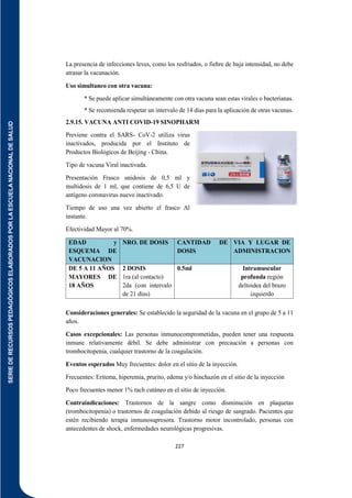 SERIE
DE
RECURSOS
PEDAGÓGICOS
ELABORADOS
POR
LA
ESCUELA
NACIONAL
DE
SALUD
227
La presencia de infecciones leves, como los resfriados, o fiebre de baja intensidad, no debe
atrasar la vacunación.
Uso simultaneo con otra vacuna:
* Se puede aplicar simultáneamente con otra vacuna sean estas virales o bacterianas.
* Se recomienda respetar un intervalo de 14 días para la aplicación de otras vacunas.
2.9.15. VACUNA ANTI COVID-19 SINOPHARM
Previene contra el SARS- CoV-2 utiliza virus
inactivados, producida por el Instituto de
Productos Biológicos de Beijing - China.
Tipo de vacuna Viral inactivada.
Presentación Frasco unidosis de 0,5 ml y
multidosis de 1 ml, que contiene de 6,5 U de
antígeno coronavirus nuevo inactivado.
Tiempo de uso una vez abierto el frasco Al
instante.
Efectividad Mayor al 70%.
EDAD y
ESQUEMA DE
VACUNACION
NRO. DE DOSIS CANTIDAD DE
DOSIS
VIA Y LUGAR DE
ADMINISTRACION
DE 5 A 11 AÑOS
MAYORES DE
18 AÑOS
2 DOSIS
1ra (al contacto)
2da (con intervalo
de 21 días)
0.5ml Intramuscular
profunda región
deltoidea del brazo
izquierdo
Consideraciones generales: Se establecido la seguridad de la vacuna en el grupo de 5 a 11
años.
Casos excepcionales: Las personas inmunocomprometidas, pueden tener una respuesta
inmune relativamente débil. Se debe administrar con precaución a personas con
trombocitopenia, cualquier trastorno de la coagulación.
Eventos esperados Muy frecuentes: dolor en el sitio de la inyección.
Frecuentes: Eritema, hiperemia, prurito, edema y/o hinchazón en el sitio de la inyección
Poco frecuentes menor 1% rach cutáneo en el sitio de inyección.
Contraindicaciones: Trastornos de la sangre como disminución en plaquetas
(trombocitopenia) o trastornos de coagulación debido al riesgo de sangrado. Pacientes que
estén recibiendo terapia inmunosupresora. Trastorno motor incontrolado, personas con
antecedentes de shock, enfermedades neurológicas progresivas.
 