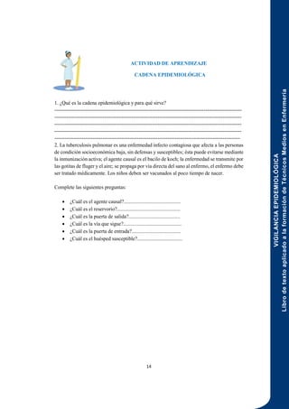 VIGILANCIA
EPIDEMIOLÓGICA
Libro
de
texto
aplicado
a
la
formación
de
Técnicos
Medios
en
Enfermería
14
ACTIVIDAD DE APRENDIZAJE
CADENA EPIDEMIOLÓGICA
1. ¿Qué es la cadena epidemiológica y para qué sirve?
-------------------------------------------------------------------------------------------------------------
-------------------------------------------------------------------------------------------------------------
-------------------------------------------------------------------------------------------------------------
-------------------------------------------------------------------------------------------------------------
------------------------------------------------------------------------------------------------------------
2. La tuberculosis pulmonar es una enfermedad infecto contagiosa que afecta a las personas
de condición socioeconómica baja, sin defensas y susceptibles; ésta puede evitarse mediante
la inmunización activa; el agente causal es el bacilo de koch; la enfermedad se transmite por
las gotitas de fluger y el aire; se propaga por vía directa del sano al enfermo, el enfermo debe
ser tratado médicamente. Los niños deben ser vacunados al poco tiempo de nacer.
Complete las siguientes preguntas:
 ¿Cuál es el agente causal?............................................
 ¿Cuál es el reservorio?.................................................
 ¿Cuál es la puerta de salida?........................................
 ¿Cuál es la vía que sigue?.............................................
 ¿Cuál es la puerta de entrada?......................................
 ¿Cuál es el huésped susceptible?...................................
 
