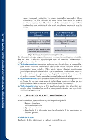 SERIE
DE
RECURSOS
PEDAGÓGICOS
ELABORADOS
POR
LA
ESCUELA
NACIONAL
DE
SALUD
17
salud, comunidad, instituciones o grupos organizados, autoridades, líderes
comunitarios, etc. Esta vigilancia se puede realizar tanto dentro del servicio
(institucional), como fuera del servicio de salud (comunitaria). Se busca donde se
produce el evento o problemas de salud, acuda o no el sujeto a centros de atención
médica.
Figura. Fuentes de sistemas de recolección vigilancia activa.
La Información activa es recogida en terreno, sea por encuesta sistemática o especializada.
Por otra parte, la vigilancia epidemiológica tiene tres elementos indispensables y
complementarios entre sí.
a. Vigilancia comunitaria: consiste en conformar una red de vigilantes de la comunidad,
puede tratarse de líderes comunitarios u otros actores sociales colectivos: medios de
comunicación, juntas vecinales, ONGs, iglesia, sistema educativo, organizaciones
juveniles y otras organizaciones de base - que se transformen en informantes activos de
los casos sospechosos que se produzcan en sus lugares de residencia. Estas personas serán
el canal de comunicación directo entre la comunidad y el sistema de salud.
b. Vigilancia institucional: es la que se realiza en el establecimiento de salud y es analizada
en función de los casos sospechosos de enfermedades inmunoprevenibles que son
detectados y notificados mediante las fichas de investigación epidemiológica.
c. Vigilancia centinela: es la que se lleva a cabo estableciendo sitios u hospitales que
cumplan la función de identificar, notificar, investigar y clasificar los casos esperados de
una enfermedad determinada.
4.3. ACTIVIDADES DE VIGILANCIA EPIDEMIOLÓGICA
Las actividades más importantes de la vigilancia epidemiológica son:
1. Recolección de datos
2. Análisis e interpretación
3. Ejecución de acciones
4. Distribución de la información sobre la enfermedad y de los resultados de las
medidas aplicadas.
Recolección de datos
Las fuentes de datos más comunes en vigilancia epidemiológica son:
Investigaciones de casos
individuales.
Encuestas de morbi-mortalidad,
epidemiológicas inmunológicas
Estudio de reservas o animales
o vegetales y su distribución.
Estudio de vectores para
enfermedades transmisibles.
Investigación de brotes y de
laboratorio.
Las investigaciones de terreno.
 