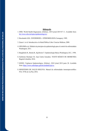 SERIE
DE
RECURSOS
PEDAGÓGICOS
ELABORADOS
POR
LA
ESCUELA
NACIONAL
DE
SALUD
21
Bibliografía
1. OMS. World Health Organzation. [Online].; 2019 [cited 2019 07 11. Available from:
htt://www.who.int/topics/epidemiology/es/.
2. Bocalandro LOL. ENFERMERÍA - EPIDEMIOLOGÍA Camaguey; 1989.
3. Zuazo J. et al. Introducción a la Salud Pública Cuba: Ciencias Médicas; 2008.
4. OPS/OMS et al. Módulo de principios de epidemiología para el control de enfermedades
Washington; 2011.
5. Beaglehole R., Bonita R., Kjeiltroim T. Epidemiología Básica Washington, D.C.; 1994.
6. Guillermo Restrepo Ch. Juan Carlos González. TEXTO BÁSICO DE BIOMETRÍA
Bogotá-Colombia; 2010.
7. SEDES. Vigilancia Epidemiológica. [Online].; 2010 [cited 2019 junio 28. Available
from: https://www.sedeslapaz.gob.bo/unidades/epi/ve.
8. MINISTERIO DE SALUD BOLIVIA. Manual de enfermedades inmunoprevenibles-
PAI. 357th ed. La Paz; 2016.
 