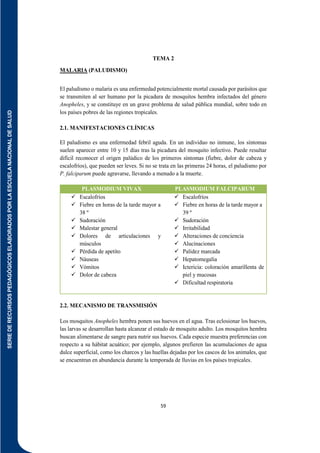 SERIE
DE
RECURSOS
PEDAGÓGICOS
ELABORADOS
POR
LA
ESCUELA
NACIONAL
DE
SALUD
59
TEMA 2
MALARIA (PALUDISMO)
El paludismo o malaria es una enfermedad potencialmente mortal causada por parásitos que
se transmiten al ser humano por la picadura de mosquitos hembra infectados del género
Anopheles, y se constituye en un grave problema de salud pública mundial, sobre todo en
los países pobres de las regiones tropicales.
2.1. MANIFESTACIONES CLÍNICAS
El paludismo es una enfermedad febril aguda. En un individuo no inmune, los síntomas
suelen aparecer entre 10 y 15 días tras la picadura del mosquito infectivo. Puede resultar
difícil reconocer el origen palúdico de los primeros síntomas (fiebre, dolor de cabeza y
escalofríos), que pueden ser leves. Si no se trata en las primeras 24 horas, el paludismo por
P. falciparum puede agravarse, llevando a menudo a la muerte.
PLASMODIUM VIVAX PLASMODIUM FALCIPARUM
 Escalofríos
 Fiebre en horas de la tarde mayor a
38 º
 Sudoración
 Malestar general
 Dolores de articulaciones y
músculos
 Pérdida de apetito
 Náuseas
 Vómitos
 Dolor de cabeza
 Escalofríos
 Fiebre en horas de la tarde mayor a
39 º
 Sudoración
 Irritabilidad
 Alteraciones de conciencia
 Alucinaciones
 Palidez marcada
 Hepatomegalia
 Ictericia: coloración amarillenta de
piel y mucosas
 Dificultad respiratoria
2.2. MECANISMO DE TRANSMISIÓN
Los mosquitos Anopheles hembra ponen sus huevos en el agua. Tras eclosionar los huevos,
las larvas se desarrollan hasta alcanzar el estado de mosquito adulto. Los mosquitos hembra
buscan alimentarse de sangre para nutrir sus huevos. Cada especie muestra preferencias con
respecto a su hábitat acuático; por ejemplo, algunos prefieren las acumulaciones de agua
dulce superficial, como los charcos y las huellas dejadas por los cascos de los animales, que
se encuentran en abundancia durante la temporada de lluvias en los países tropicales.
 