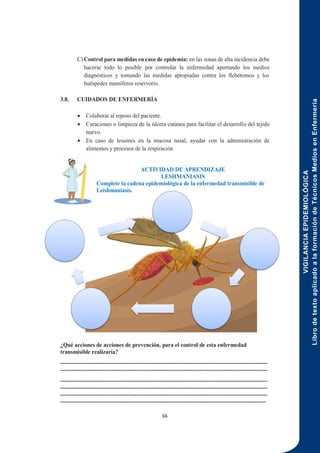 VIGILANCIA
EPIDEMIOLÓGICA
Libro
de
texto
aplicado
a
la
formación
de
Técnicos
Medios
en
Enfermería
66
C) Control para medidas en caso de epidemia: en las zonas de alta incidencia debe
hacerse todo lo posible por controlar la enfermedad aportando los medios
diagnósticos y tomando las medidas apropiadas contra los flebótomos y los
huéspedes mamíferos reservorio.
3.8. CUIDADOS DE ENFERMERÍA
 Colaborar al reposo del paciente.
 Curaciones o limpieza de la úlcera cutánea para facilitar el desarrollo del tejido
nuevo.
 En caso de lesiones en la mucosa nasal, ayudar con la administración de
alimentos y procesos de la respiración
ACTIVIDAD DE APRENDIZAJE
LESHMANIASIS
Complete la cadena epidemiológica de la enfermedad transmisible de
Leishmaniasis.
¿Qué acciones de acciones de prevención, para el control de esta enfermedad
transmisible realizaría?
-------------------------------------------------------------------------------------------------------------
-------------------------------------------------------------------------------------------------------------
-------------------------------------------------------------------------------------------------------------
-------------------------------------------------------------------------------------------------------------
-------------------------------------------------------------------------------------------------------------
------------------------------------------------------------------------------------------------------------
 