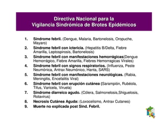 Directiva Nacional para la
     Vigilancia Sindrómica de Brotes Epidémicos

1.   Síndrome febril. (Dengue, Malaria, Bartonelosis, Oropuche,
     Mayaro)
2.   Síndrome febril con ictericia. (Hepatitis B/Delta, Fiebre
     Amarilla, Leptospirosis, Bartonelosis)
3.   Síndrome febril con manifestaciones hemorrágicas(Dengue
     Hemorrágico, Fiebre Amarilla, Fiebres Hemorragicas Virales)
4.   Síndrome febril con signos respiratorios. (Influenza, Peste
     Neumónica, Antrax Neumónico, Hanta, SARS)
5.   Síndrome febril con manifestaciones neurológicas. (Rabia,
     Meningitis, Encefalitis Viral)
6.   Síndrome febril con erupción cutánea (Sarampión, Rubéola,
     Tifus, Varicela, Viruela)
7.   Síndrome diarreico agudo. (Cólera, Salmonelosis,Shiguelosis,
     Rotavirus)
8.   Necrosis Cutánea Aguda: (Loxocelismo, Antrax Cutaneo)
9.   Muerte no explicada post Sind. Febril.
 