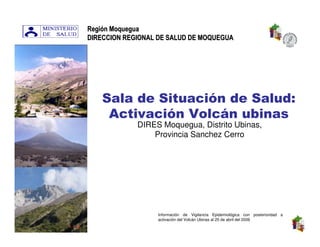 Región Moquegua
DIRECCION REGIONAL DE SALUD DE MOQUEGUA




   Sala de Situación de Salud:
    Activación Volcán ubinas
             DIRES Moquegua, Distrito Ubinas,
                 Provincia Sanchez Cerro




                  Información de Vigilancia Epidemiológica con posterioridad a
                  activación del Volcán Ubinas al 25 de abril del 2006
 