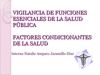 VIGILANCIA DE FUNCIONES ESENCIALES DE LA SALUD PÚBLICA   FACTORES CONDICIONANTES DE LA SALUD Interna Natalie Amparo Jaramillo Díaz 