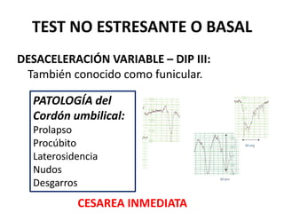 TEST NO ESTRESANTE O BASAL
DESACELERACIÓN VARIABLE – DIP III:
También conocido como funicular.
PATOLOGÍA del
Cordón umbilical:
Prolapso
Procúbito
Laterosidencia
Nudos
Desgarros
CESAREA INMEDIATA
 