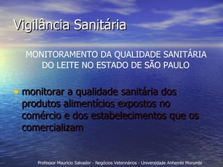 Vigilância Sanitária MONITORAMENTO DA QUALIDADE SANITÁRIA DO LEITE NO ESTADO DE SÃO PAULO monitorar a qualidade sanitária dos produtos alimentícios expostos no comércio e dos estabelecimentos que os comercializam 