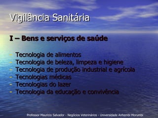 Vigilância Sanitária I – Bens e serviços de saúde Tecnologia de alimentos Tecnologia de beleza, limpeza e higiene Tecnologia de produção industrial e agrícola Tecnologias médicas Tecnologias do lazer Tecnologia da educação e convivência 