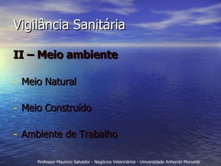Vigilância Sanitária II – Meio ambiente Meio Natural Meio Construído Ambiente de Trabalho 