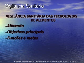 Vigilância Sanitária VIGILÂNCIA SANITÁRIA DAS TECNOLOGIAS DE ALIMENTOS ● Alimento   ● Objetivos principais ● Funções e metas 