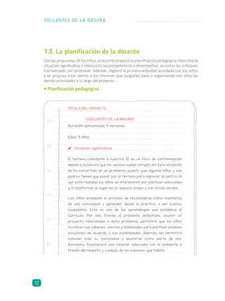 1.3. La planificación de la docente
Con las propuestas de los niños, la docente preparó su planificación pedagógica. Describió la
situación significativa y seleccionó las competencias y desempeños, así como los enfoques
transversales por promover. Además, registró la primera actividad acordada con los niños
y se propuso estar atenta a los intereses que surgieran para ir organizando con ellos las
demás actividades a lo largo del proyecto.
• Planificación pedagógica
TÍTULO DEL PROYECTO:
“VIGILANTES DE LA BASURA”
Duración aproximada: 4 semanas
Edad: 5 años
Situación significativa
El terreno colindante a nuestra IE es un foco de contaminación
debido a la basura que los vecinos suelen arrojar ahí. Esta situación
se ha convertido en un problema, puesto que algunos niños y sus
padres tienen que pasar por el terreno para ingresar al centro. Al
ver esta realidad los niños se interesaron por plantear soluciones
y transformar el lugar en un espacio limpio y con áreas verdes.
Los niños empiezan el proceso de reconocerse como miembros
de una comunidad y aprender, desde la práctica, a ser buenos
ciudadanos. Este es uno de los aprendizajes que establece el
Currículo. Por ello, frente al problema detectado, asumir un
proyecto relacionado a dicho problema, permitirá que los niños
movilicen sus saberes, valores y habilidades para plantear posibles
soluciones de acuerdo a sus posibilidades. Además, les permitirá
conocer más su comunidad y asumirse como parte de ella.
Asimismo, favorecerá una relación adecuada con el ambiente a
través del respeto y cuidado de los espacios que habita.
VIGILANTES DE LA BASURA
12
 