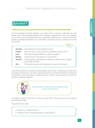 Docente:	 ¿Qué opinan de lo que acabamos de ver?
Camila: 	 “Está muy mal, si vuelve la basura las plantas se van a morir”.
Luna: 	 “Para respirar bonito debemos cuidar las plantas”.
Brayan: 	 “Si echas basura a las plantas, se van a morir”.
Yatsumi: 	 “Todo el parque está destruido y después, ¿dónde vamos a jugar?,
no va haber ya nada”.
Flor: 	 “Si botamos basura, todo el planeta se convertirá en basura”.
• Observamos cómo quedó el terreno después de haberlo limpiado
En esta actividad la docente planteó a los niños visitar el terreno y observar con más
tiempo cómo había quedado después de la limpieza y registrarlo en fotos. Sin embargo,
al ir al terreno los niños identificaron que nuevamente había basura, e incluso cerca de las
plantas que habían sembrado con sus familiares. De regreso al aula, conversan acerca de
lo ocurrido:
La docente identificó y reconoció la preocupación de los niños y reflexionó con ellos sobre
el problema de la basura. Los niños se dieron cuenta de que limpiar el terreno no solucionó
el problema, pues continuaban arrojando basura. Frente a esta situación la docente les
planteó la siguiente pregunta:
La pregunta motivó a los niños a pensar y buscar otras soluciones para que el espacio
permaneciera limpio:
Propuestas de los niños:
Actividad 5
¿Qué podríamos hacer para que no sigan botando
basura en el terreno?
•	“Hay que ir a limpiar otra vez”.
•	“Podemos hacer carteles que digan, no botar basura”.
PROYECTO2
PROYECTOS DE APRENDIZAJE EN EDUCACIÓN INICIAL
19
 