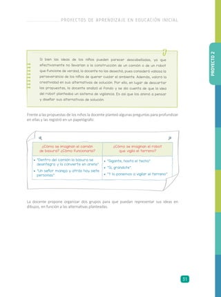 ¿Cómo se imaginan el camión
de basura? ¿Cómo funcionaría?
¿Cómo se imaginan el robot
que vigila el terreno?
•	 “Dentro del camión la basura se
desintegra y la convierte en arena”.
•	 “Un señor maneja y atrás hay siete
personas”.
•	 “Gigante, hasta el techo”.
•	 “Sí, grandote”.
•	 “Y lo ponemos a vigilar el terreno”.
Frente a las propuestas de los niños la docente planteó algunas preguntas para profundizar
en ellas y las registró en un papelógrafo:
La docente propone organizar dos grupos para que puedan representar sus ideas en
dibujos, en función a las alternativas planteadas.
Si bien las ideas de los niños pueden parecer descabelladas, ya que
efectivamente no llevarían a la construcción de un camión o de un robot
que funcione de verdad, la docente no las desechó, pues consideró valiosa la
perseverancia de los niños de querer cuidar el ambiente. Además, valoró la
creatividad en sus alternativas de solución. Por ello, en lugar de descartar
las propuestas, la docente analizó el fondo y se dio cuenta de que la idea
del robot planteaba un sistema de vigilancia. Es así que los animó a pensar
y diseñar sus alternativas de solución.
PROYECTO2
PROYECTOS DE APRENDIZAJE EN EDUCACIÓN INICIAL
31
 
