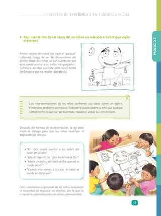 •	 Representación de las ideas de los niños en relación al robot que vigila
el terreno
Primer boceto del robot que vigila el “parque”
(terreno). Luego de ver las dimensiones del
primer robot, los niños se dan cuenta de que
este puede asustar a los niños más pequeños.
Entonces, deciden que este debe tener forma
de flor para que no resulte tan extraño.
Después del tiempo de representación, la docente
inicia el diálogo para que los niños muestren y
expliquen sus dibujos.
Las representaciones de los niños contienen sus ideas sobre un objeto,
fenómeno, problema o proceso. El docente puede pedirle al niño que explique
verbalmente lo que ha representado, haciendo visible su comprensión.
•	“El robot puede asustar a los bebés del
salón de un año”.
•	“¡Ya sé! Que sea un robot en forma de flor”.
•	“Mejor un disfraz de robot de flor, que me lo
puedo poner”.
•	“Cuando nos vamos a la casa, el robot se
queda en el parque”.
Los comentarios y opiniones de los niños motivaron
la necesidad de reajustar los diseños, por lo que la
docente les planteó continuar en los próximos días.
PROYECTO2
PROYECTOS DE APRENDIZAJE EN EDUCACIÓN INICIAL
33
 