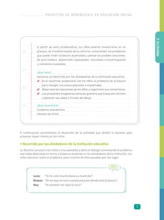 A continuación presentamos el desarrollo de la actividad que diseñó la docente para
provocar mayor interés en los niños:
• Recorrido por los alrededores de la institución educativa
La docente convocó a los niños a una asamblea y abrió el diálogo comentando el problema
que había detectado en torno a la basura existente en los alrededores de la institución. Los
niños opinaron sobre el problema, pues muchos de ellos pasaban por ese lugar:
A partir de esta problemática, los niños podrían involucrarse en un
proceso de transformación de su entorno, comprender los problemas
que puede traer la basura acumulada y pensar en posibles soluciones.
De esta manera desarrollan capacidades vinculadas a la participación
y conciencia ciudadana.
¿Qué haré?
Haremos un recorrido por los alrededores de la institución educativa
	 En el recorrido evidenciaré con los niños el problema de la basura
para recoger sus preocupaciones e inquietudes.
	 Observaré las reacciones de los niños y registraré sus comentarios.
	 Les propondré imaginarse cómo les gustaría que fuese ese terreno
y plasmar sus ideas a través del dibujo.
¿Qué necesitaré?
Cuaderno anecdotario
Cámara de fotos
Luna:	 “Yo he visto mucha basura y huele feo”.
Brayan:	 “Yo me tapo la nariz cuando paso por donde está la basura”.
Roy:	 “Yo también me tapo la nariz”.
PROYECTO2
PROYECTOS DE APRENDIZAJE EN EDUCACIÓN INICIAL
7
 