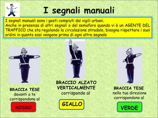 I segnali manuali
I segnali manuali sono i gesti compiuti dai vigili urbani.
Anche in presenza di altri segnali o del semaforo quando vi è un AGENTE DEL
TRAFFICO che sta regolando la circolazione stradale, bisogna rispettare i suoi
ordini in quanto essi vengono prima di ogni altro segnale




                           BRACCIO ALZATO
  BRACCIA TESE             VERTICALMENTE                 BRACCIA TESE
    davanti a te             corrisponde al              nella tua direzione
  corrispondono al                                        corrispondono al
                              GIALLO
     ROSSO                                                    VERDE
 