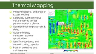 Thermal Mapping
 Pinpoint hotspots, and areas of
  excess cooling
 Colorized, overhead views
  make it easy to assess
  performance at a glance.
 Optimize floor tile placement &
  sizing.
 Guide efficiency
  measures, explore
  opportunities
 Identify redundancy and
  unused cooling capacity
 Plan for downtime and
  maintenance
Vigilent Corp. Confidential         Slide 12
 