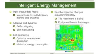 Intelligent Energy Management
 Input-output data model               See the impact of changes
   Interactions drive AI decision-      almost immediately
     making and analytics                         Tile Placement & Sizing
 Adaptive and dynamic                            Equipment Moves & changes
   Self-configuring
   Self-maintaining

 Self-optimizing
   Optimize temperature
     distribution
   Minimize energy consumption


Vigilent Corp. Confidential           Slide 13
 