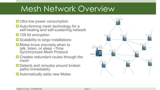 Mesh Network Overview
 Ultra low power consumption
 Auto-forming mesh technology for a
  self-healing and self-sustaining network
 128 bit encryption
 Scalability to large installations
 Motes know precisely when to
  talk, listen, or sleep –Time
  Synchronized Mesh Protocol
 Creates redundant routes through the
  mesh
 Detects and reroutes around broken
  paths immediately
 Automatically adds new Motes


Vigilent Corp. Confidential              Slide 9
 