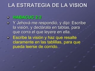 LA ESTRATEGIA DE LA VISION

 HABACUC 2:2
 Y Jehová me respondió, y dijo: Escribe
 la visión, y declárala en tablas, para
 que corra el que leyere en ella.
 Escribe la visión y haz que resalte
 claramente en las tablillas, para que
 pueda leerse de corrido.
 