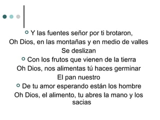  Y las fuentes señor por ti brotaron,
Oh Dios, en las montañas y en medio de valles
Se deslizan
 Con los frutos que vienen de la tierra
Oh Dios, nos alimentas tú haces germinar
El pan nuestro
 De tu amor esperando están los hombre
Oh Dios, el alimento, tu abres la mano y los
sacias
 
