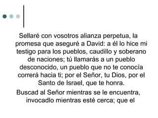 Sellaré con vosotros alianza perpetua, la
promesa que aseguré a David: a él lo hice mi
testigo para los pueblos, caudillo y soberano
de naciones; tú llamarás a un pueblo
desconocido, un pueblo que no te conocía
correrá hacia ti; por el Señor, tu Dios, por el
Santo de Israel, que te honra.
Buscad al Señor mientras se le encuentra,
invocadlo mientras esté cerca; que el
 