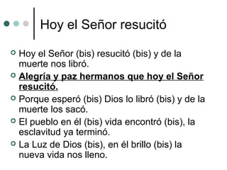Hoy el Señor resucitó
 Hoy el Señor (bis) resucitó (bis) y de la
muerte nos libró.
 Alegría y paz hermanos que hoy el Señor
resucitó.
 Porque esperó (bis) Dios lo libró (bis) y de la
muerte los sacó.
 El pueblo en él (bis) vida encontró (bis), la
esclavitud ya terminó.
 La Luz de Dios (bis), en él brillo (bis) la
nueva vida nos lleno.
 