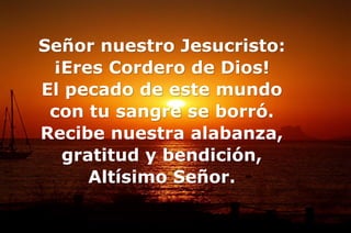 Señor nuestro Jesucristo:
¡Eres Cordero de Dios!
El pecado de este mundo
con tu sangre se borró.
Recibe nuestra alabanza,
gratitud y bendición,
Altísimo Señor.
 