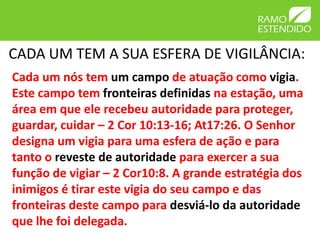 CADA UM TEM A SUA ESFERA DE VIGILÂNCIA:
Cada um nós tem um campo de atuação como vigia.
Este campo tem fronteiras definidas na estação, uma
área em que ele recebeu autoridade para proteger,
guardar, cuidar – 2 Cor 10:13-16; At17:26. O Senhor
designa um vigia para uma esfera de ação e para
tanto o reveste de autoridade para exercer a sua
função de vigiar – 2 Cor10:8. A grande estratégia dos
inimigos é tirar este vigia do seu campo e das
fronteiras deste campo para desviá-lo da autoridade
que lhe foi delegada.
 